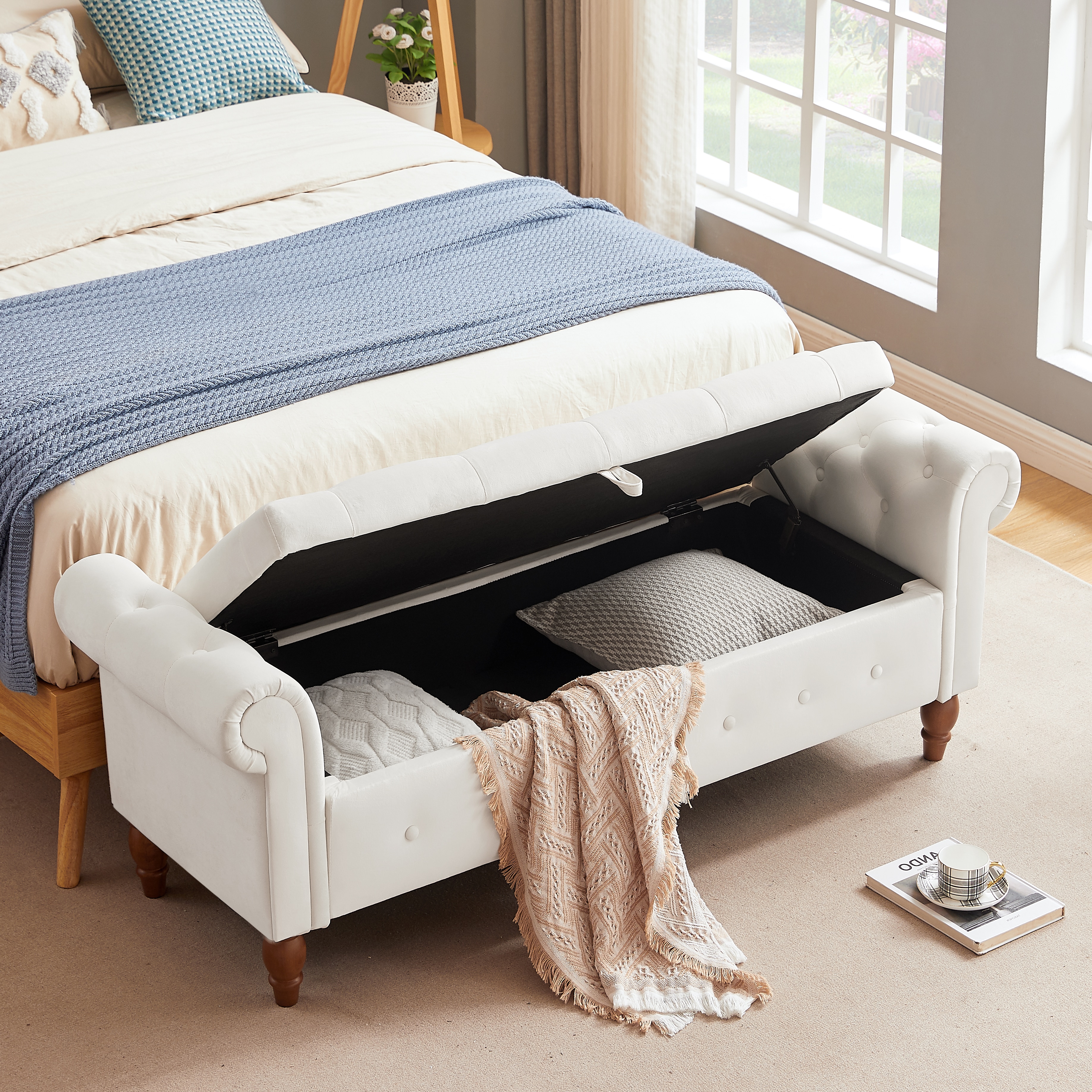 Velvet Storage Ottoman Bench – Multifunctional Beige Sofa Stool With Hidden Compartment, 500lbs Capacity, Rubberwood Legs_voghion.com